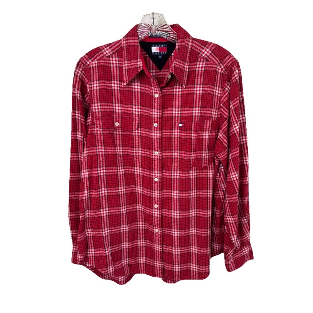 Tommy Hilfiger women's size 10 L/S red plaid button up flannel shirt